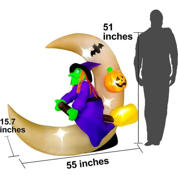 4.6ft Long Halloween Inflatable Witch Sitting on The Moon Decoration, LED - Picture 5 of 6
